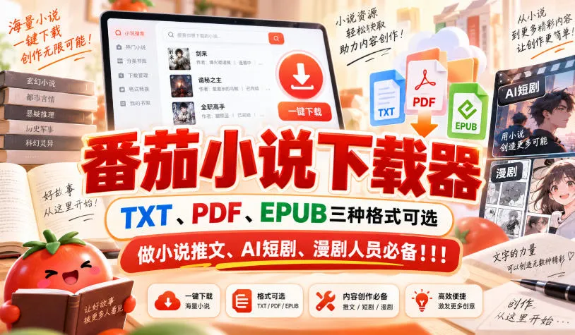 番茄小说下载器,TXT、PDF、EPUB三种格式可选,做小说推文、AI短剧、漫剧人员必备!!!-副业吧