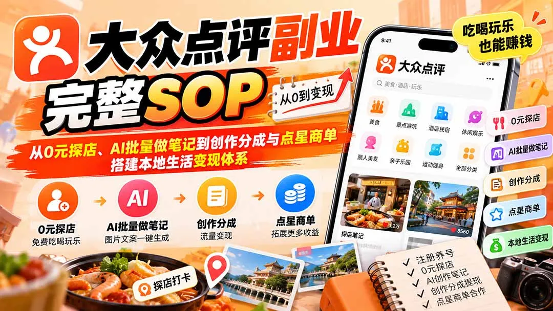 【无水印】大众点评副业完整SOP:从0元探店、AI批量做笔记到创作分成与点星商单,搭建本地生活变现体系-副业吧