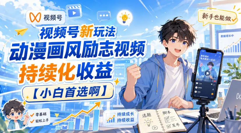 视频号新玩法动漫画风励志视频，持续化收益【小白首选啊】-副业吧