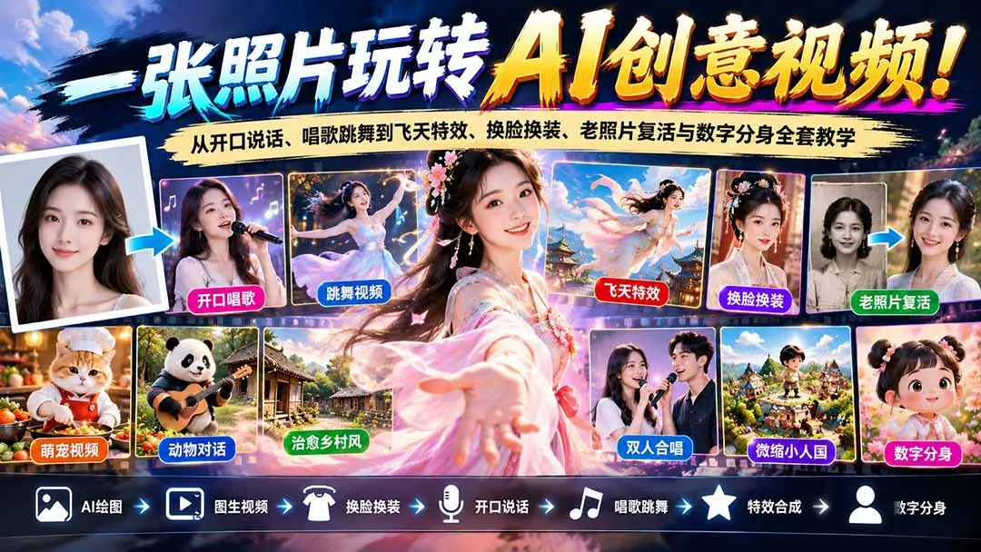 一张照片玩转AI创意视频！从开口说话、唱歌跳舞到飞天特效、换脸换装、老照片复活与数字分身全套教学-副业吧