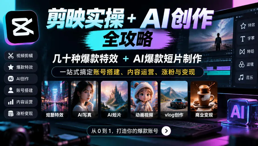 剪映实操+AI创作全攻略|几十种爆款特效+AI爆款短片制作,一站式搞定账号搭建、内容运营、涨粉与变现-副业吧