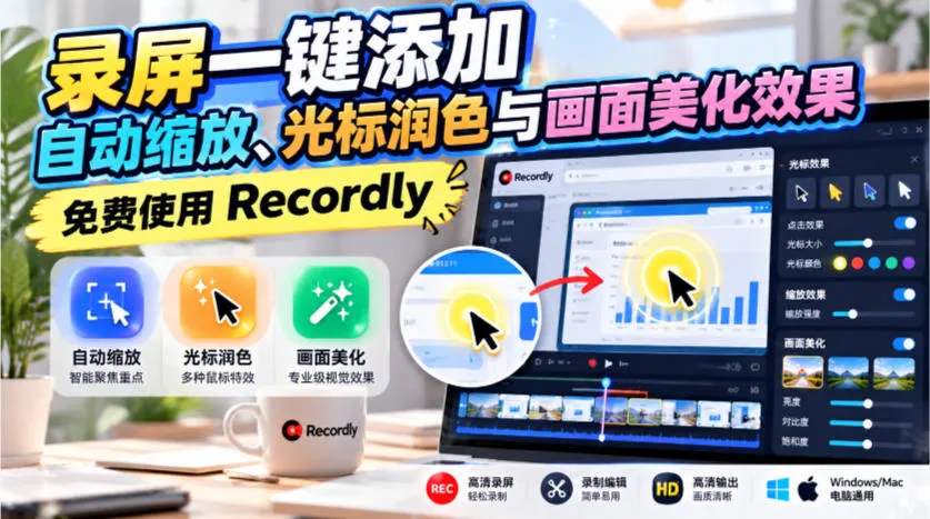 录屏一键添加自动缩放、光标润色与画面美化效果，免费使用Recordly-副业吧