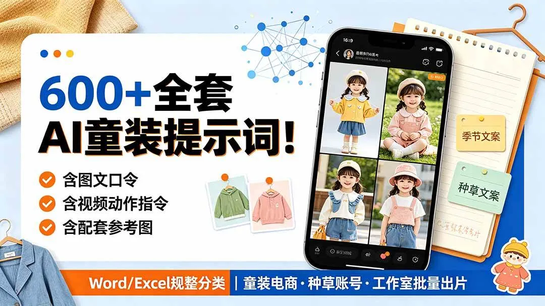 (19302期)600+全套AI童装提示词!含图文口令+视频动作指令+配套参考图,Word/Excel规整分类,童装电商、种草无脑量产内容-副业吧