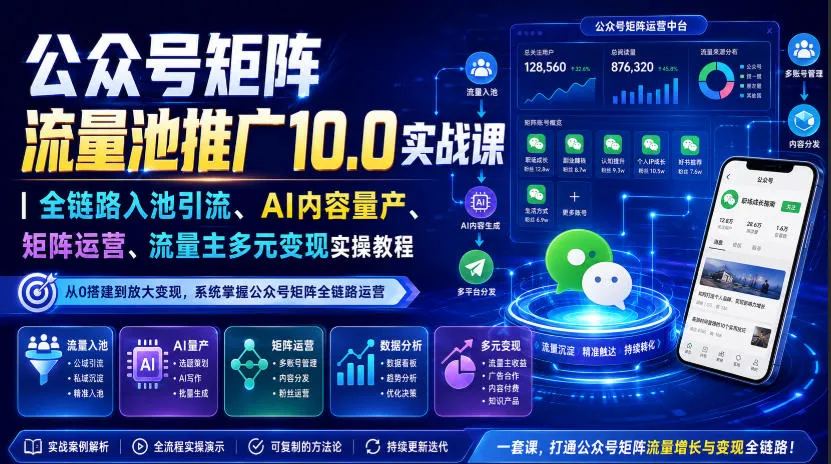 公众号矩阵流量池推广10.0实战课|全链路入池引流、AI内容量产、矩阵运营、流量主多元变现实操教程-副业吧