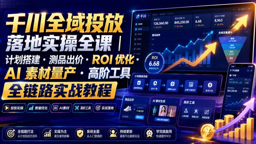 千川全域投放落地实操全课｜计划搭建・测品出价・ROI优化・AI素材量产・高阶工具全链路实战教程-副业吧