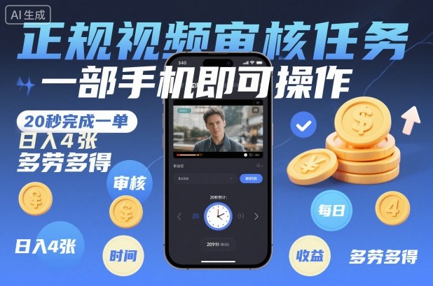 正规视频审核任务,一部手机即可操作,20秒完成一单,日入4张,多劳多得【揭秘】-副业吧