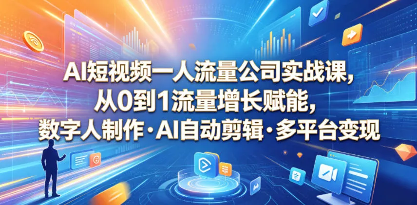 AI短视频一人流量公司实战课,从0到1流量增长赋能,数字人制作・AI自动剪辑・多平台变现,一人做流量生意全落地教程-副业吧