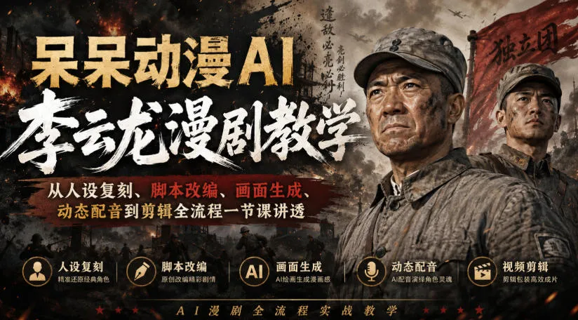 呆呆动漫AI李云龙漫剧教学，从人设复刻、脚本改编、画面生成、动态配音到剪辑全流程一节课讲透-副业吧