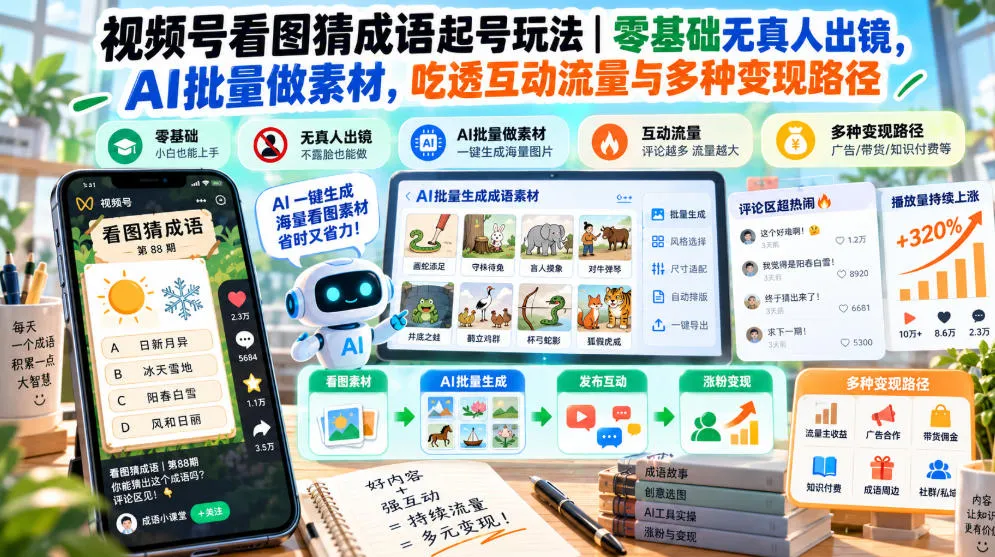 视频号看图猜成语起号玩法｜零基础无真人出镜，AI批量做素材，吃透互动流量与多种变现路径-副业吧