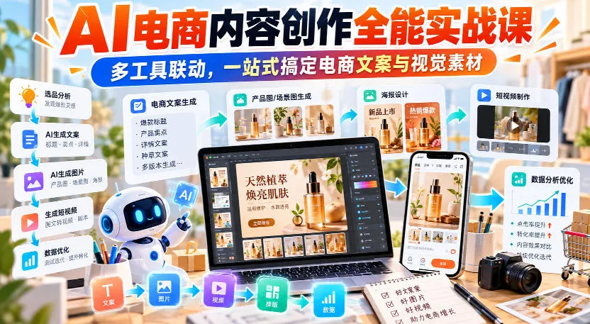 【无水印】AI电商内容创作全能实战课｜多工具联动，一站式搞定电商文案与视觉素材-副业吧