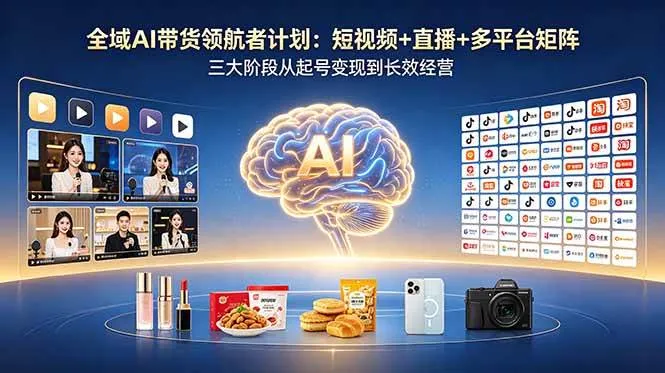 【精】全域AI带货领航者计划：短视频+直播+多平台矩阵，三大阶段从起号变现到长效经营-副业吧