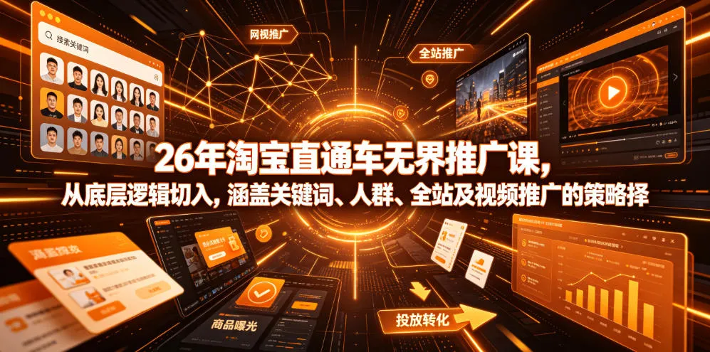 26年淘宝直通车无界推广课，从底层逻辑切入，涵盖关键词、人群、全站及视频推广的策略选择-副业吧
