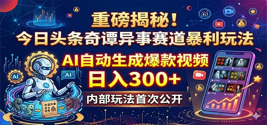 重磅揭秘!今日头条奇谭异事赛道暴利玩法:AI自动生成爆款视频,日入300+-副业吧