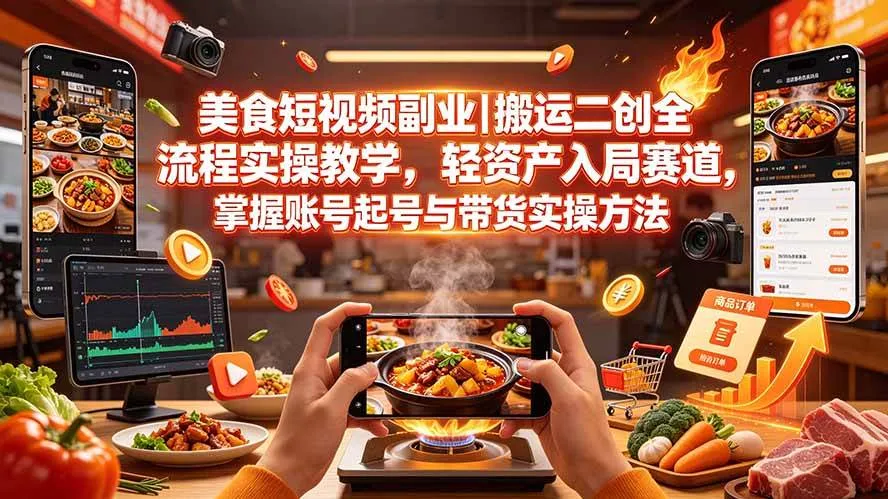 （19535期）美食短视频副业｜搬运二创全流程实操教学，轻资产入局赛道，掌握账号起号与带货实操方法-副业吧