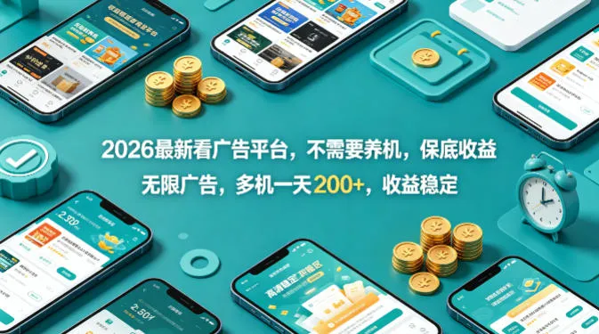2026最新看广告平台，不需要养机，保底收益，无限广告，多机一天200+，收益稳定【揭秘】-副业吧