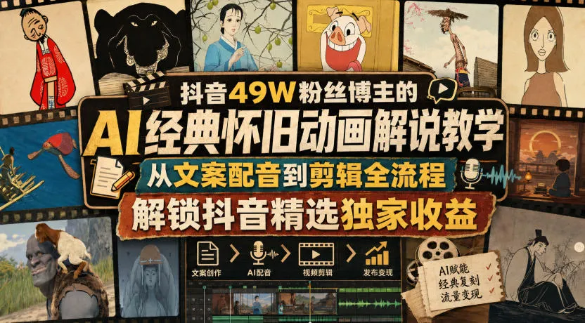 抖音49W粉丝博主的AI经典怀旧动画解说教学，从文案配音到剪辑全流程，解锁抖音精选独家收益-副业吧