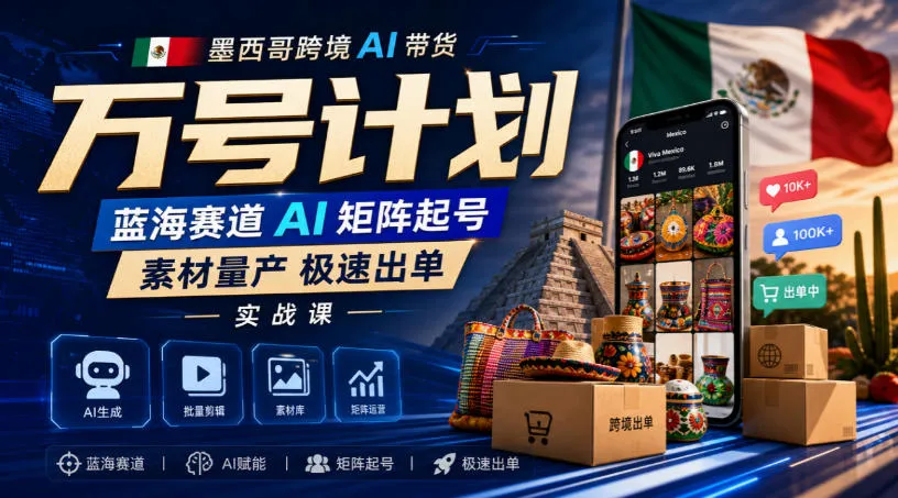 墨西哥跨境AI带货万号计划，蓝海赛道AI矩阵起号，素材量产极速出单实战课-副业吧