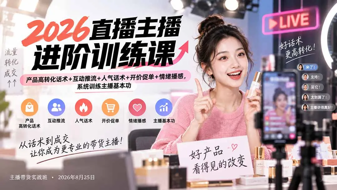 2026直播主播进阶训练课：产品高转化话术+互动推流+人气话术+开价促单+情绪播感，系统训练主播基本功-副业吧