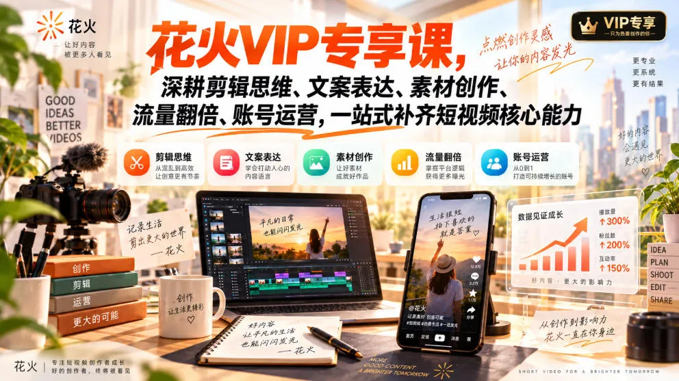 花火VIP专享课,深耕剪辑思维、文案表达、素材创作、流量翻倍、账号运营,一站式补齐短视频核心能力-副业吧