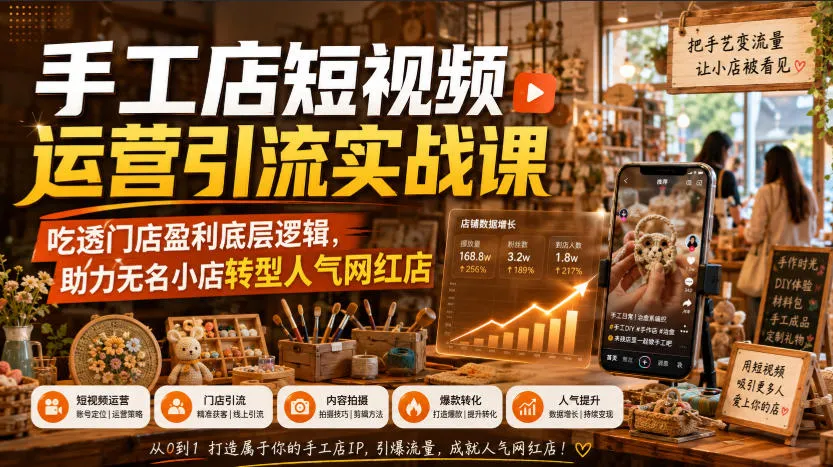 手工店短视频运营引流实战课,吃透门店盈利底层逻辑,助力无名小店转型人气网红店-副业吧