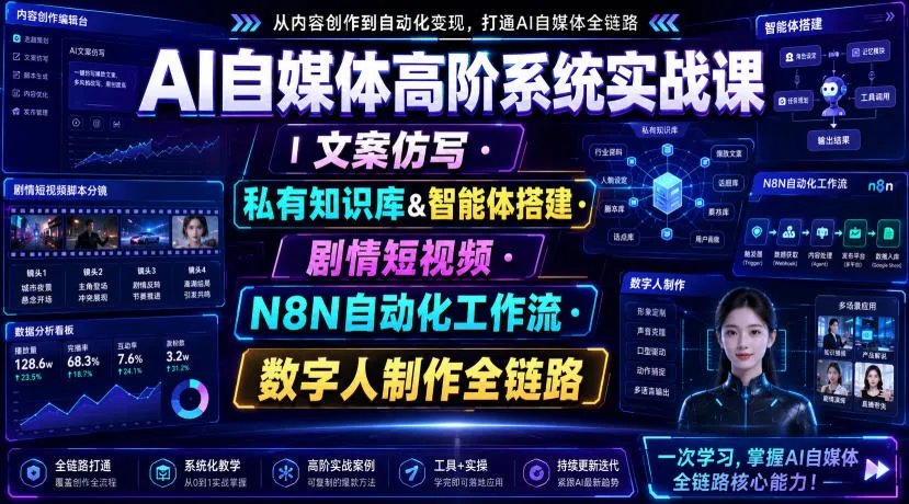 AI自媒体高阶系统实战课|文案仿写・私有知识库&智能体搭建・剧情短视频・N8N自动化工作流・数字人制作全链路-副业吧