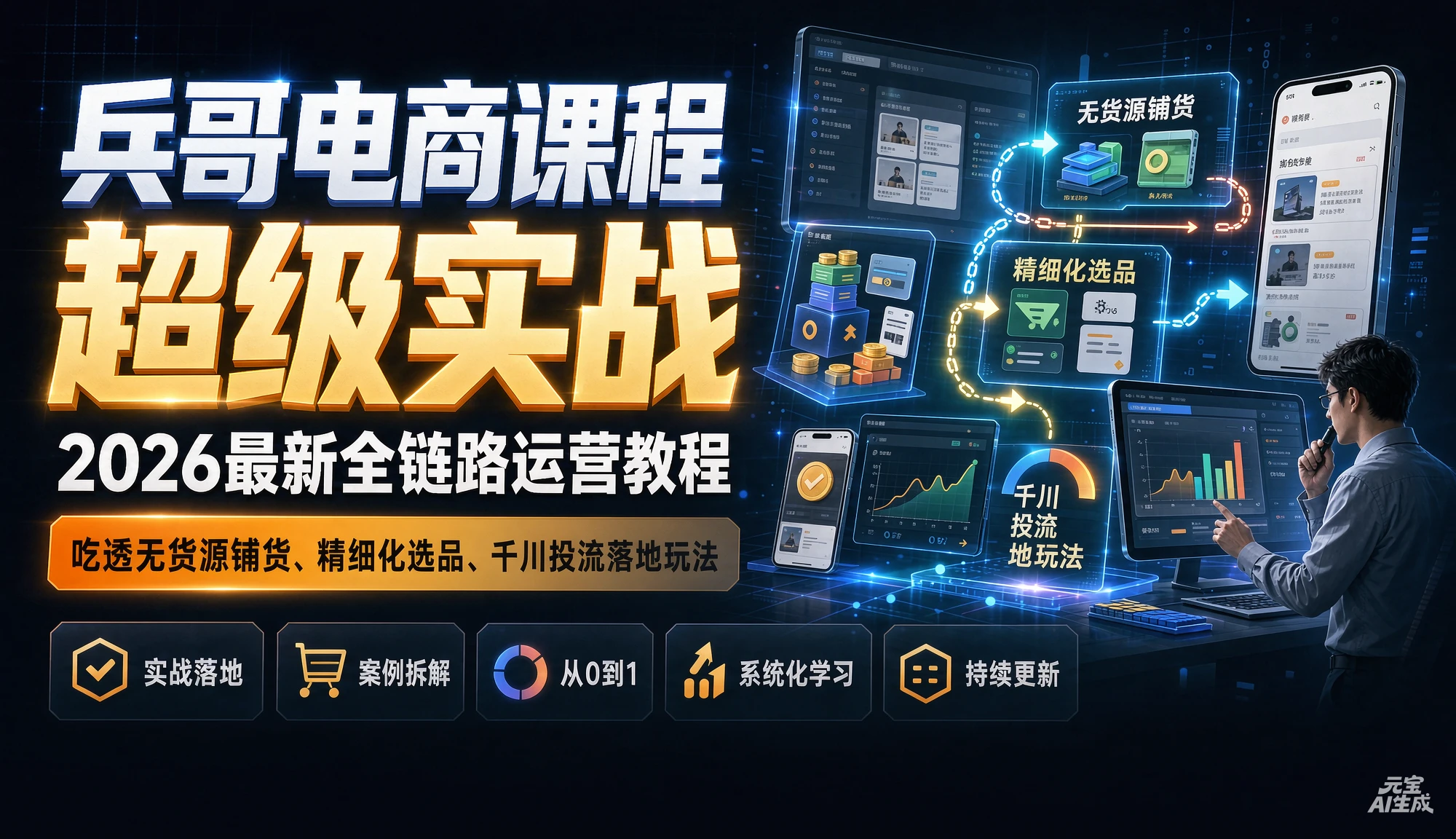 【精】兵哥电商课程超级实战,2026最新全链路运营教程,吃透无货源铺货、精细化选品、千川投流落地玩法-副业吧