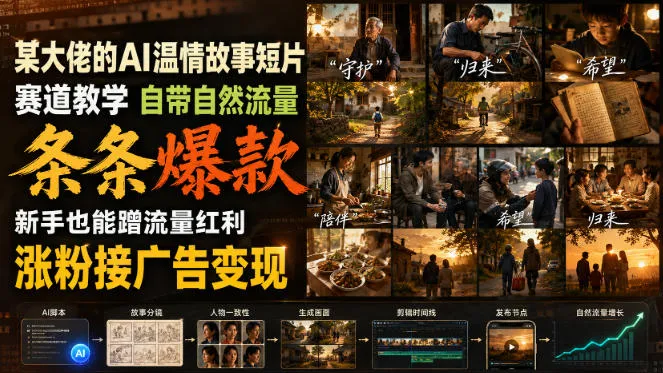 某大佬的AI温情故事短片赛道教学,自带自然流量,条条爆款,新手也能蹭流量红利,涨粉接广告变现-副业吧