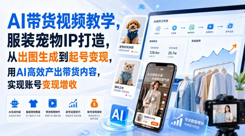 AI带货视频教学,服装宠物IP打造,从出图生成到起号变现,用AI高效产出带货内容,实现账号变现增收-副业吧