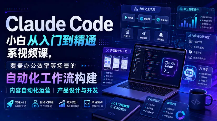 Claude Code小白从入门到精通系视频课,覆盖办公效率等场景的自动化工作流构建|内容自动化运营|产品设计与开发-副业吧