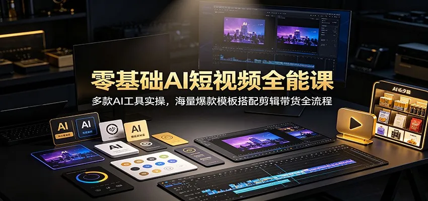 零基础AI短视频全能课:多款AI工具实操,海量爆款模板搭配剪辑带货全流程-副业吧