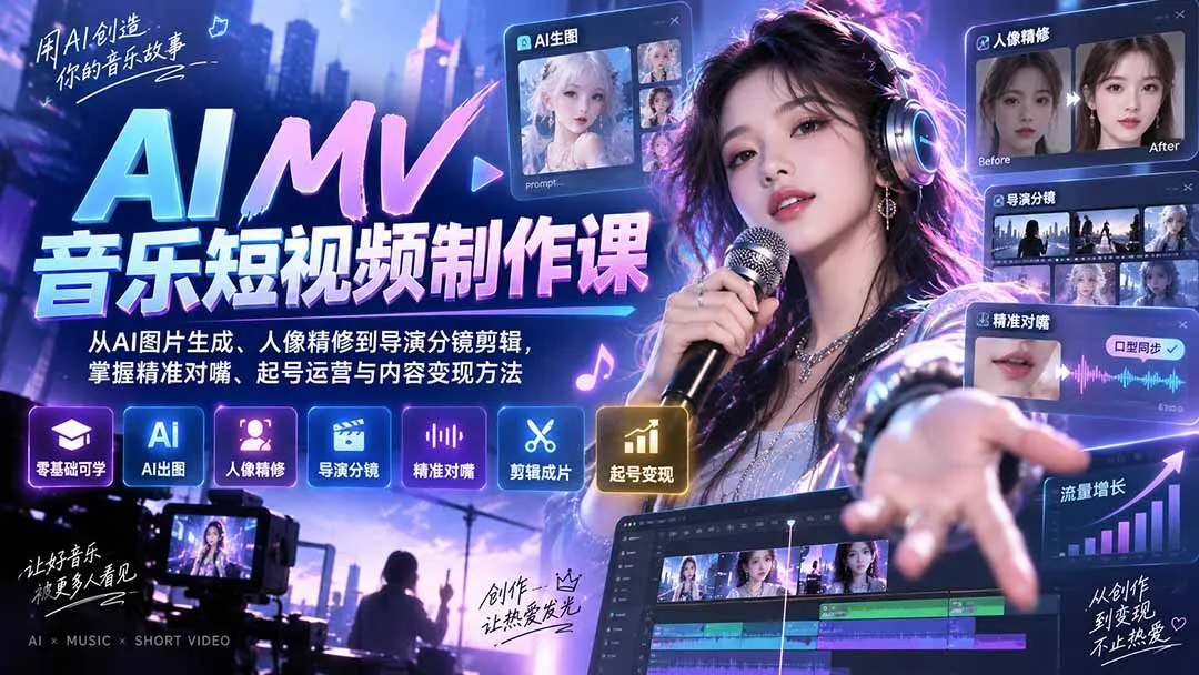 AI MV音乐短视频制作课：从AI图片生成、人像精修到导演分镜剪辑，掌握精准对嘴、起号运营与内容变现方法-副业吧