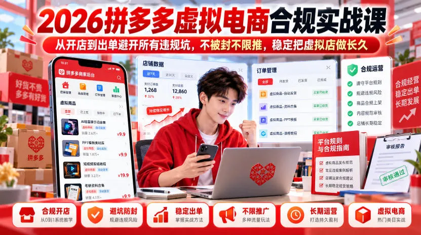 2026拼多多虚拟电商合规实战课,从开店到出单避开所有违规坑,不被封不限推,稳定把虚拟店做长久-副业吧