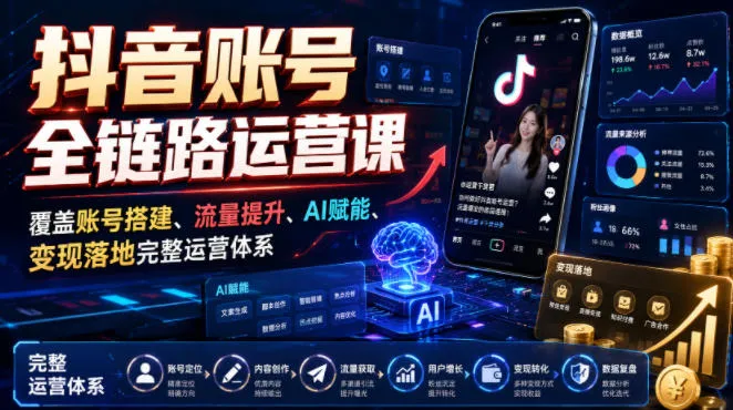 抖音账号全链路运营课，覆盖账号搭建、流量提升、AI赋能、变现落地完整运营体系-副业吧