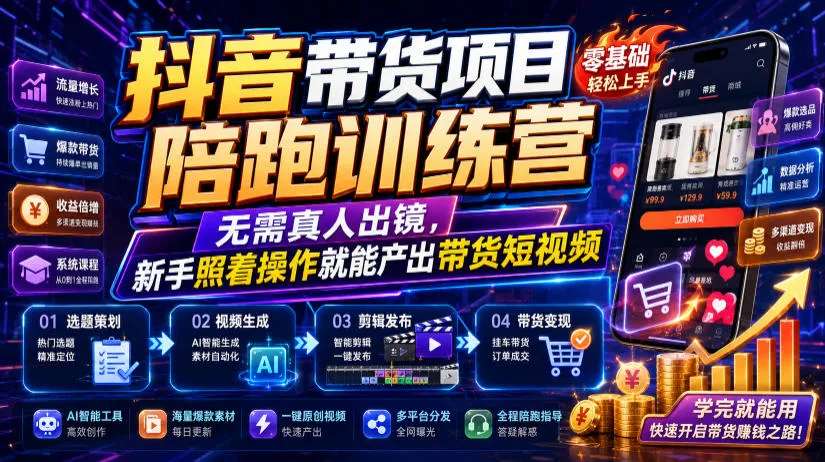 抖音带货项目陪跑训练营,无需真人出镜,新手照着操作就能产出带货短视频(更新0811)-副业吧