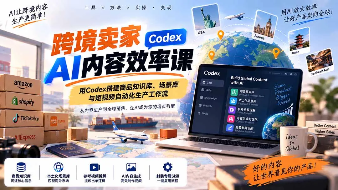 跨境卖家AI内容效率课:用Codex搭建商品知识库、场景库与短视频自动化生产工作流-副业吧