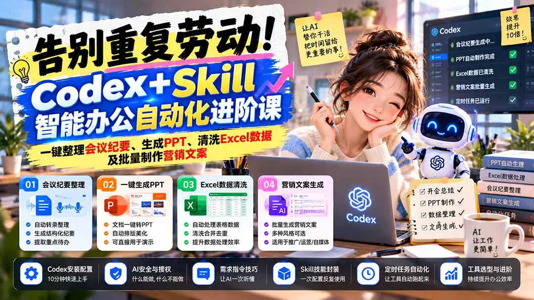 告别重复劳动！Codex+Skill智能办公自动化进阶课：一键整理会议纪要、生成PPT、清洗Excel数据及批量制作营销文案-副业吧