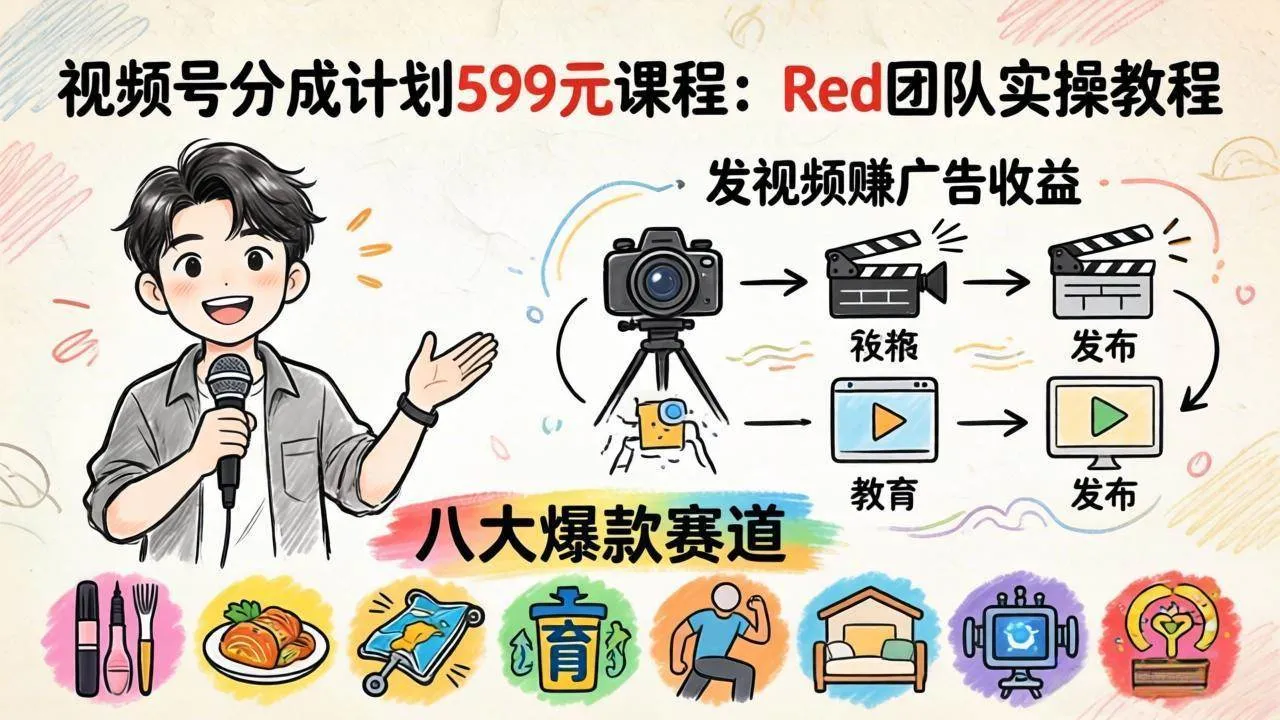 （18088期）视频号分成计划599元课程：Red团队实操教程，发视频赚广告收益，八大爆款赛道全掌握-副业吧