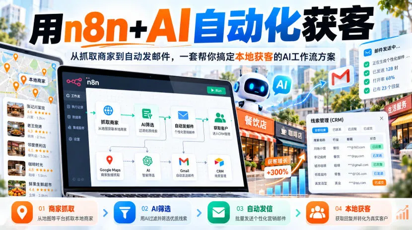 【无水印】用n8n+AI自动化获客,从抓取商家到自动发邮件,一套帮你搞定本地获客的AI工作流方案【原创双语字幕】-副业吧
