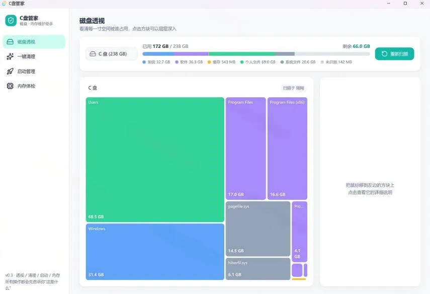 Windows超轻量的C盘管家!超级有特点,支持磁盘分析及清理提醒,2M大小体积,完全免费C盘管家-副业吧