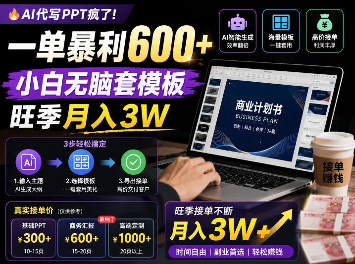 AI代写PPT疯了!一单暴利600+,小白无脑套模板,旺季月入3W,不用苦哈哈引流【揭秘】-副业吧