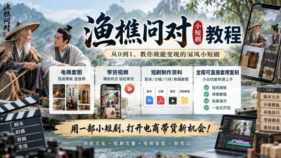 渔樵问对小短剧教程,包含电商套图、带货视频,短剧制作资料,全程可直接套用复刻-副业吧