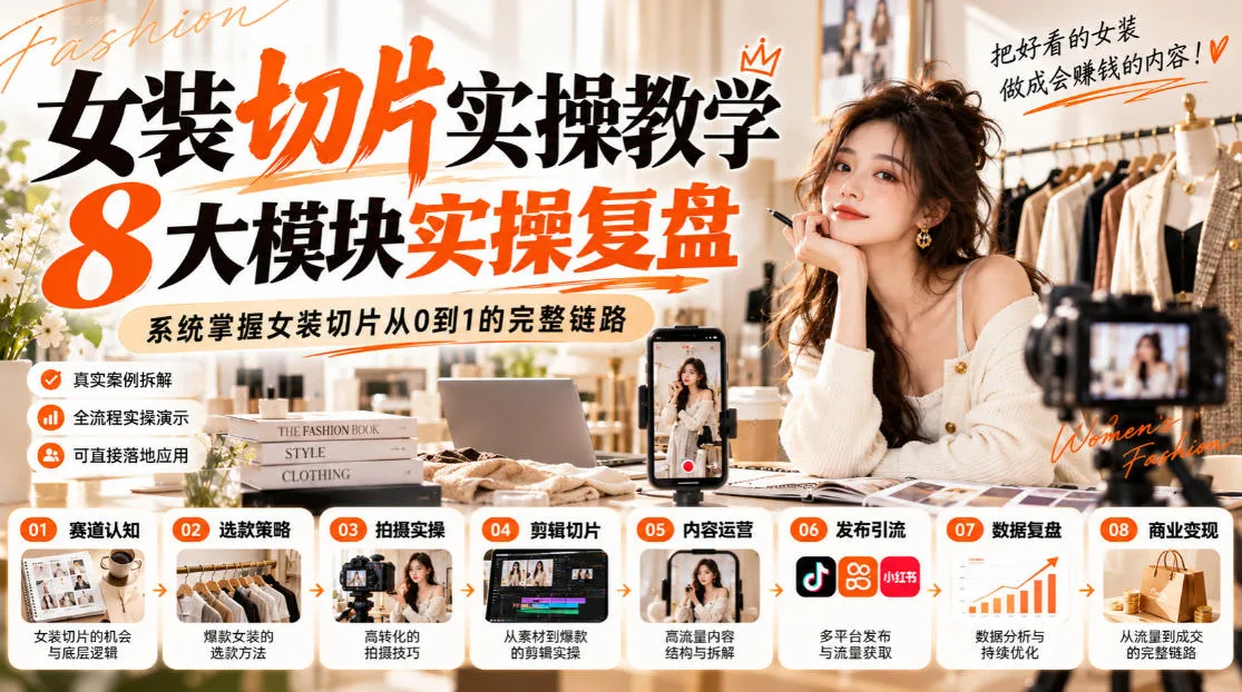 女装切片实操教学，8大模块实操复盘，系统掌握女装切片从0到1的完整链路-副业吧