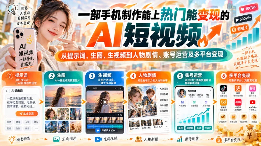 【精】一部手机制作能上热门能变现的AI短视频,从提示词、生图、生视频到人物剧情、账号运营及多平台变现-副业吧