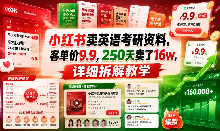 小红书卖英语考研资料,客单价9.9,250天卖了16w,详细拆解教学-副业吧