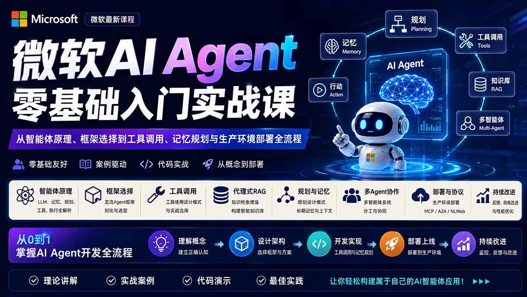微软AI Agent零基础入门实战课：从智能体原理、框架选择到工具调用、记忆规划与生产环境部署全流程-副业吧