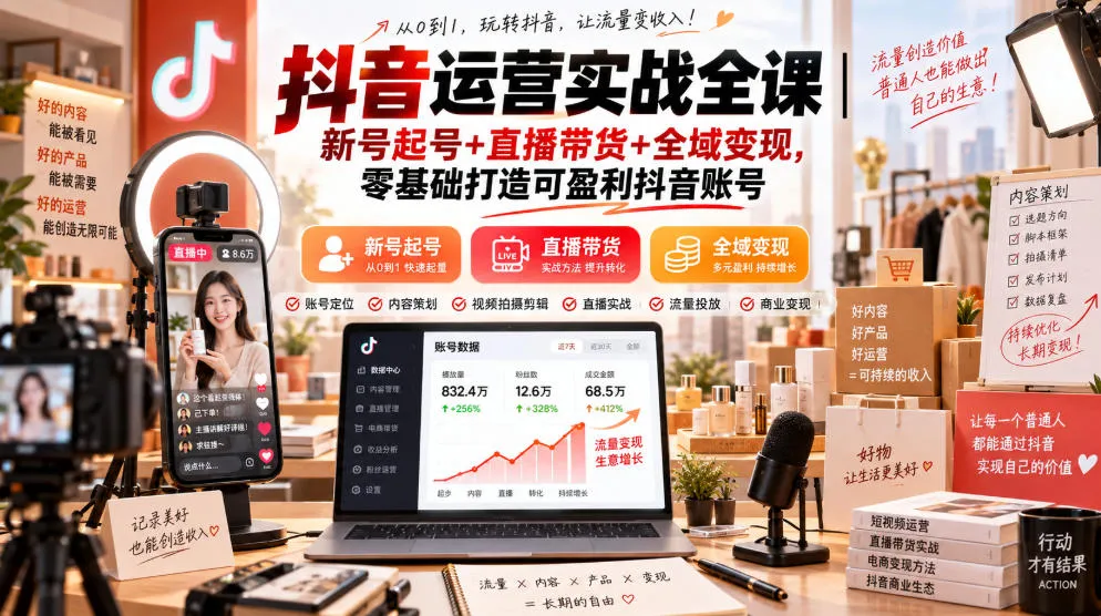 抖音运营实战全课|新号起号+直播带货+全域变现,零基础打造可盈利抖音账号-副业吧