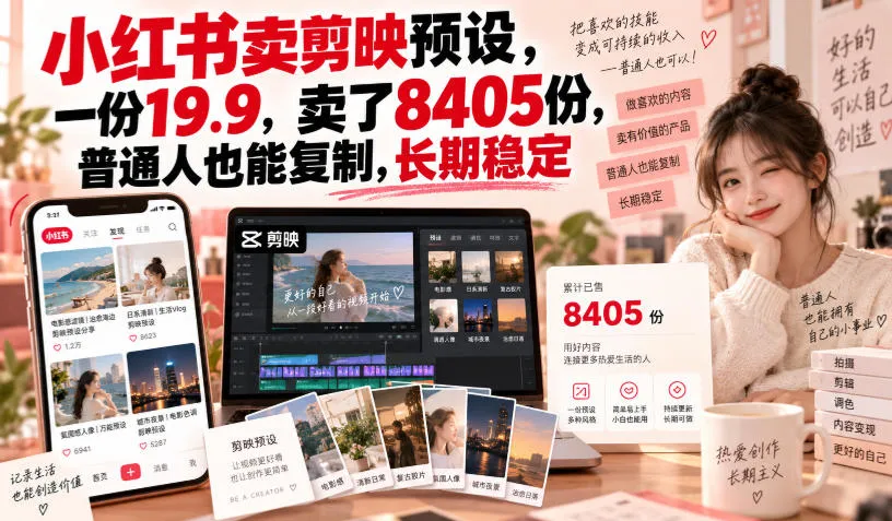 小红书卖剪映预设，一份19.9，卖了8405份，普通人也能复制，长期稳定-副业吧