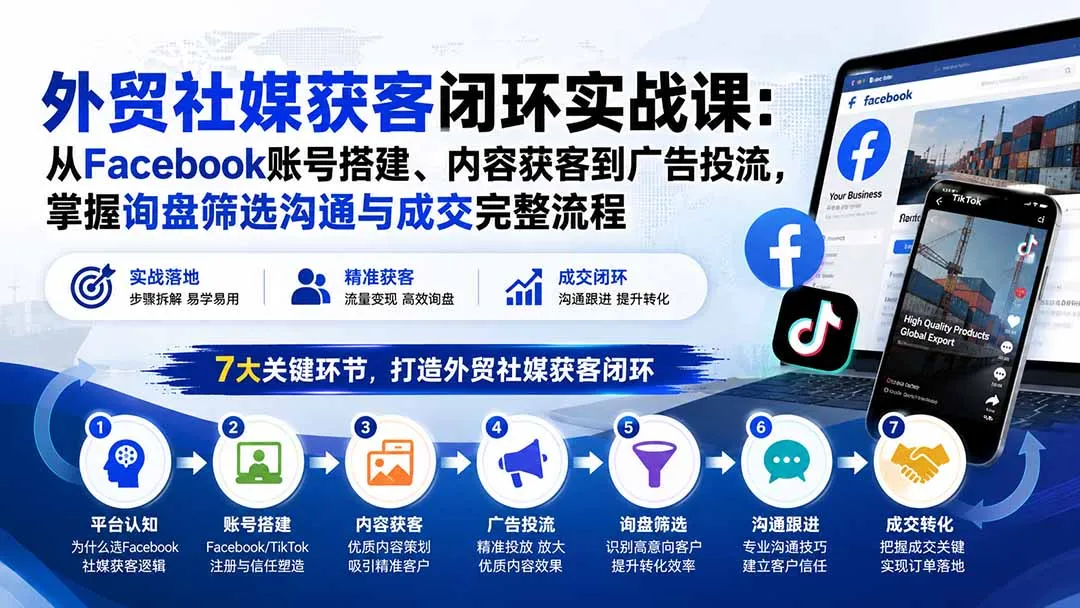 外贸社媒获客闭环实战课：从Facebook账号搭建、内容获客到广告投流，掌握询盘筛选沟通与成交完整流程-副业吧