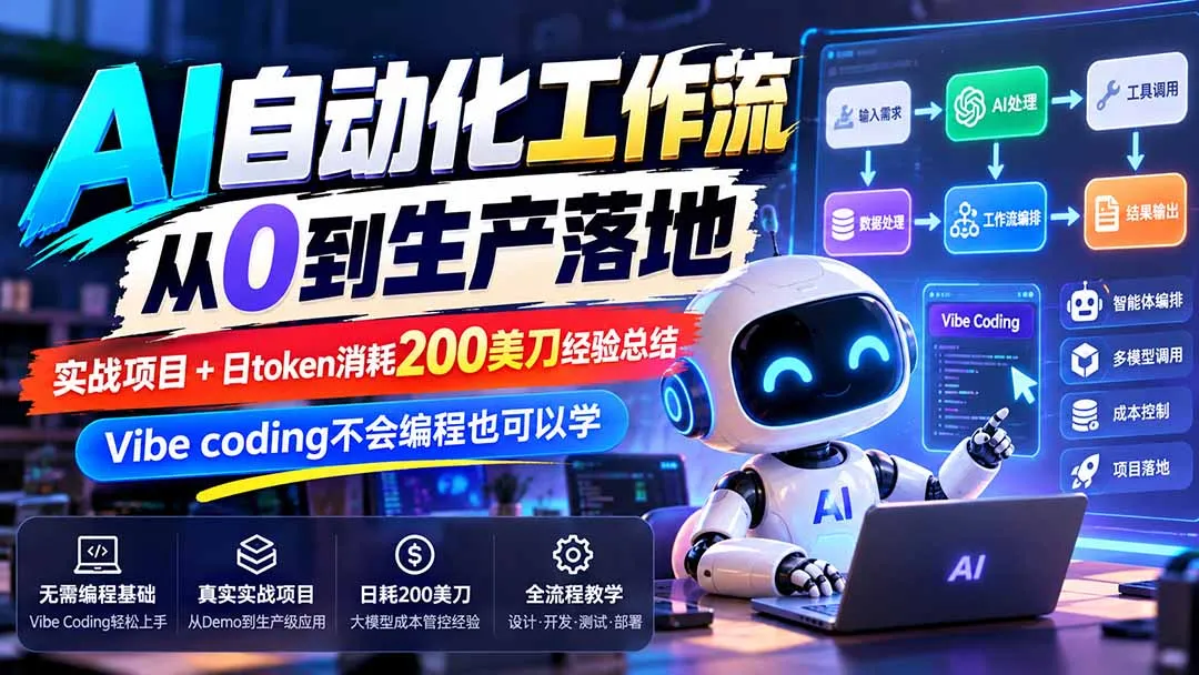 【无水印】AI自动化工作流从0到生产落地，实战项目+日token消耗200美刀经验总结，Vibe coding不会编程也可以学-副业吧