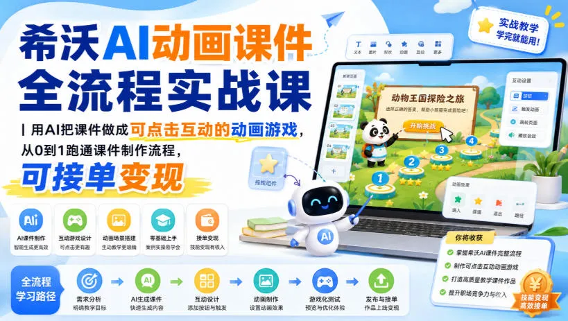 希沃AI动画课件全流程实战课|用AI把课件做成可点击互动的动画游戏,从0到1跑通课件制作流程,可接单变现-副业吧